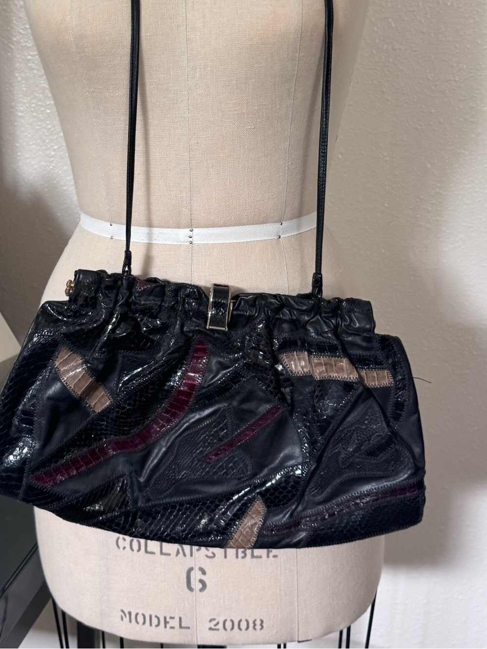Black Patchwork Patent Leather Shoulder Bag